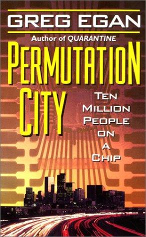 Cover of the 1994 HarperPrism paperback edition of Permutation City by Greg Egan, showing a hand holding a small globe of Earth against a black background.