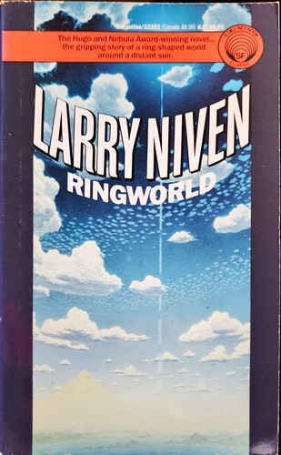 Cover of the 1992 Del Rey/Ballantine paperback edition of Ringworld by Larry Niven, showing clouds over a curved landscape with a bright band of light running across the sky.